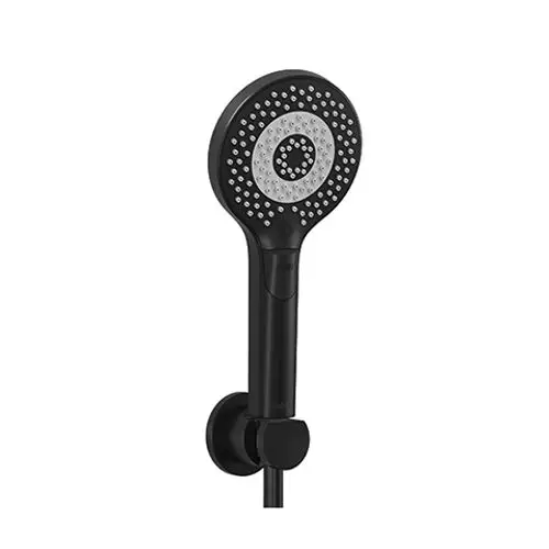 Schwarze Handbrause von Kludi mit runder, perforierter Duschfläche und Halterung. Einfaches Design für die Wandmontage.